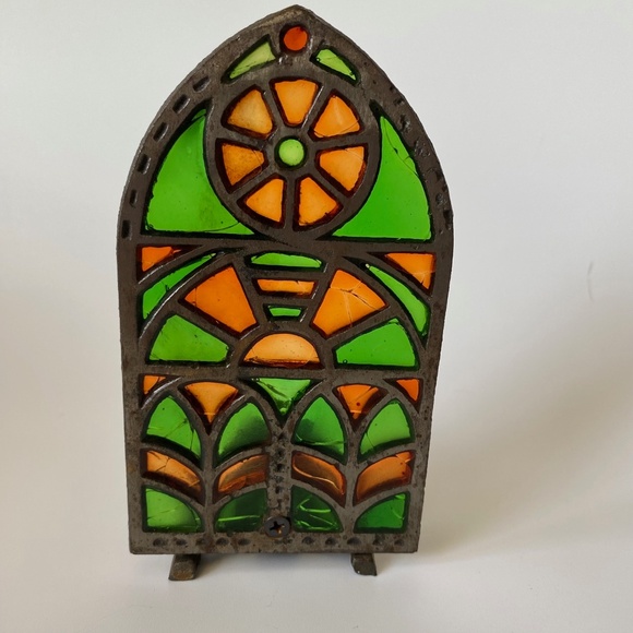 Vintage Cast Iron Stained Glass Mosaic Gothic Window Shaped Taper Candleholder - Picture 2 of 8